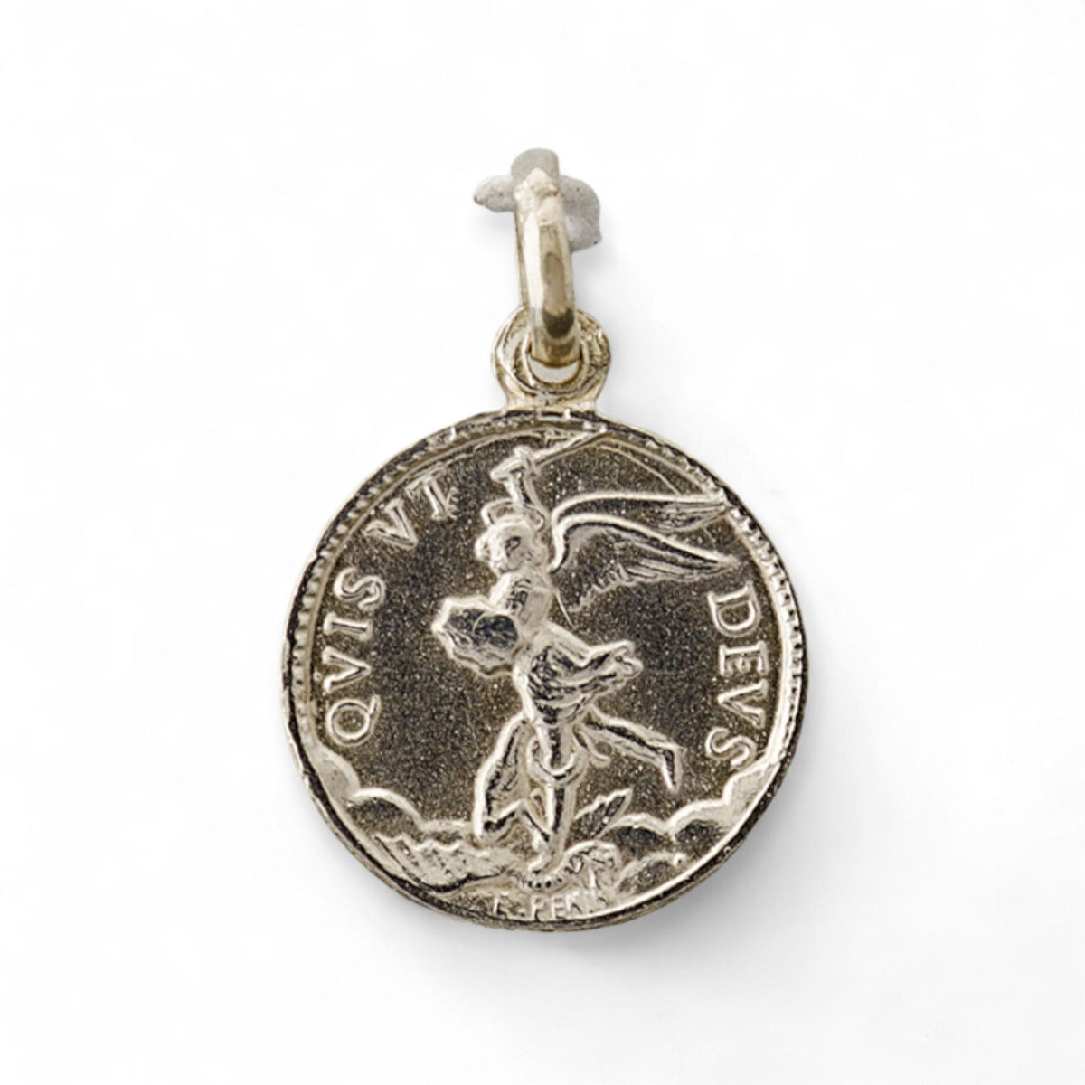 Medalla de Santa Juana de Arco y San Miguel Arcángel en plata - detalle