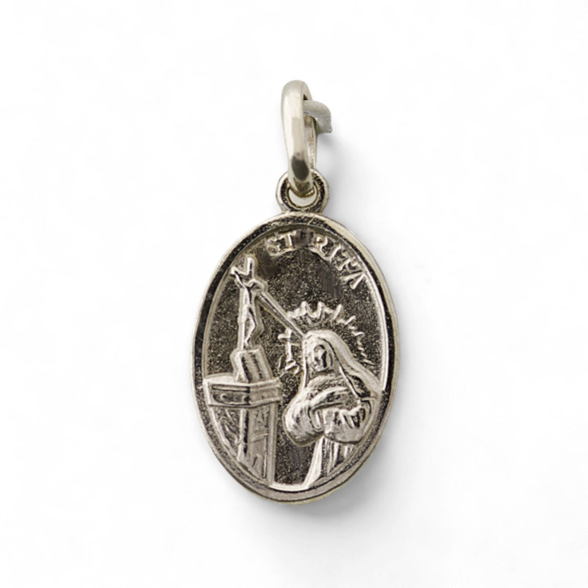 Medalla de San Expedito y Santa Rita en plata - detalle