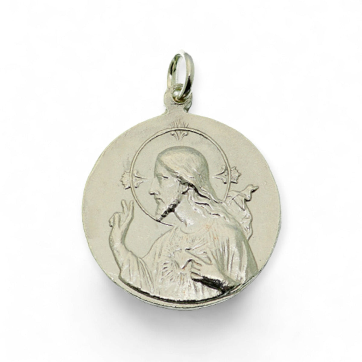 Medalla de la Virgen Divina Pastora y Sagrado Corazón en plata - detalle