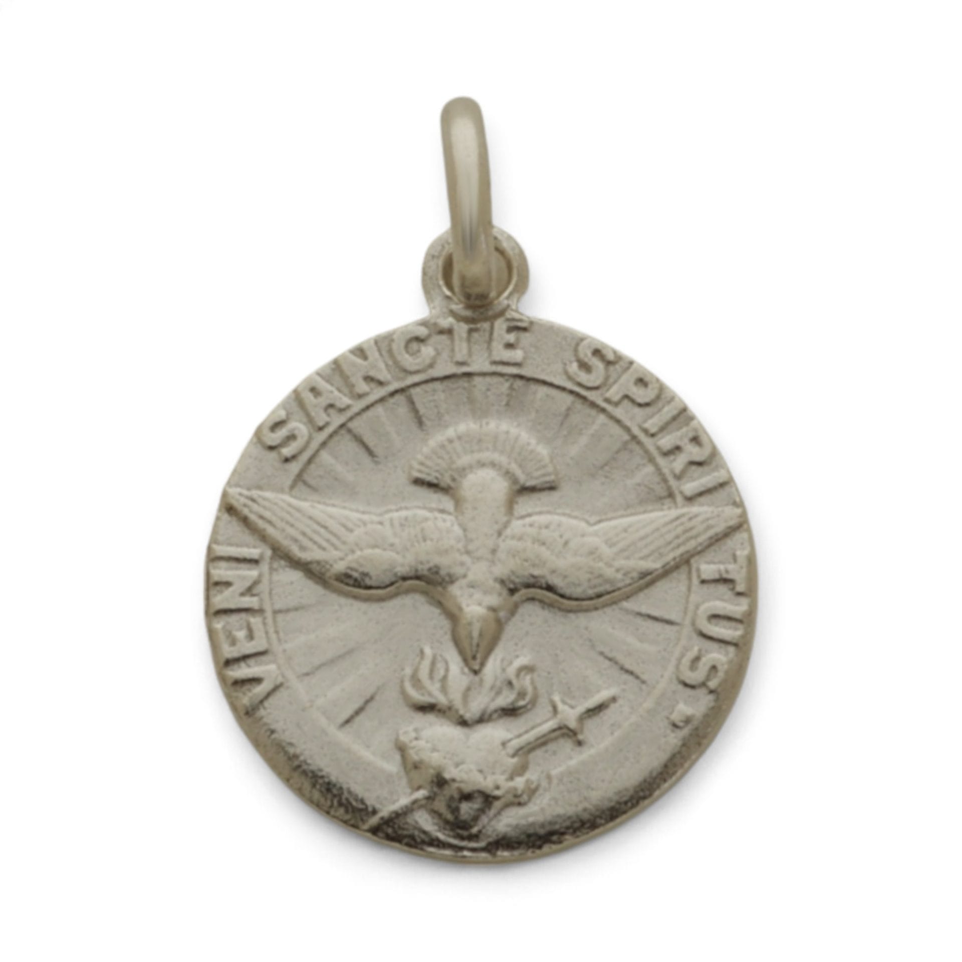 medalla espiritu santo plata con borde en latín 17mm