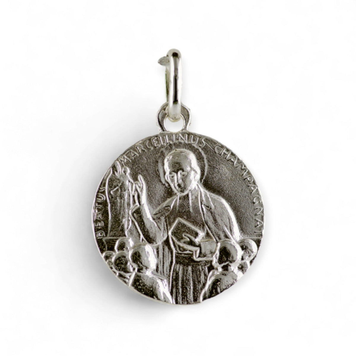 Medalla de la Virgen Inmaculada Concepción y Marcelino Champagnat en plata - grande detalle