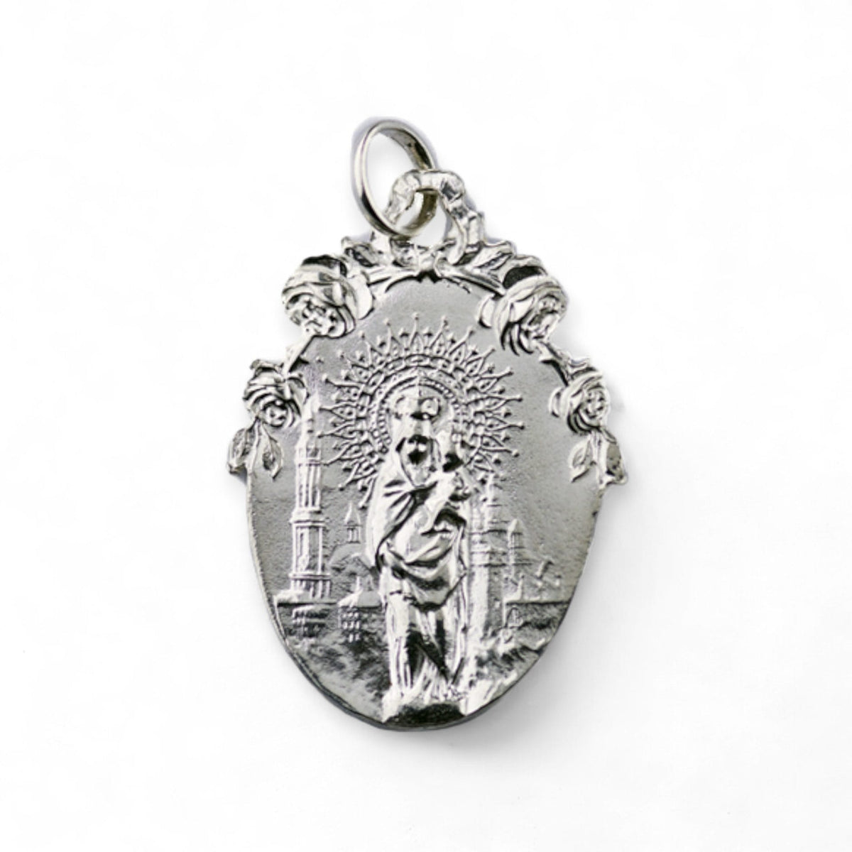 Medalla Escapulario de Cristo de Limpias y Virgen del Pilar en plata - detalle
