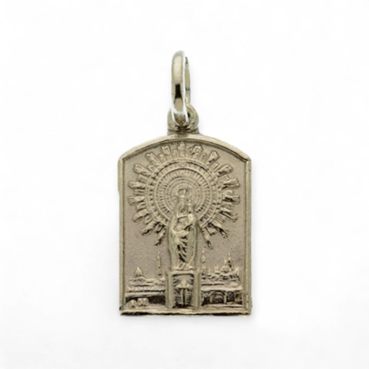 Medalla Escapulario de la Virgen del Pilar y Sagrado Corazón de Jesús en plata - detalle