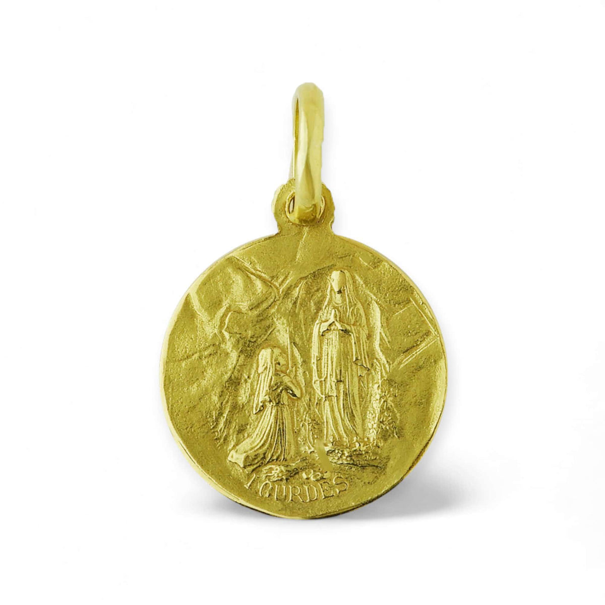 Medalla de la Virgen de Lourdes en oro 18k - 14mm detalle