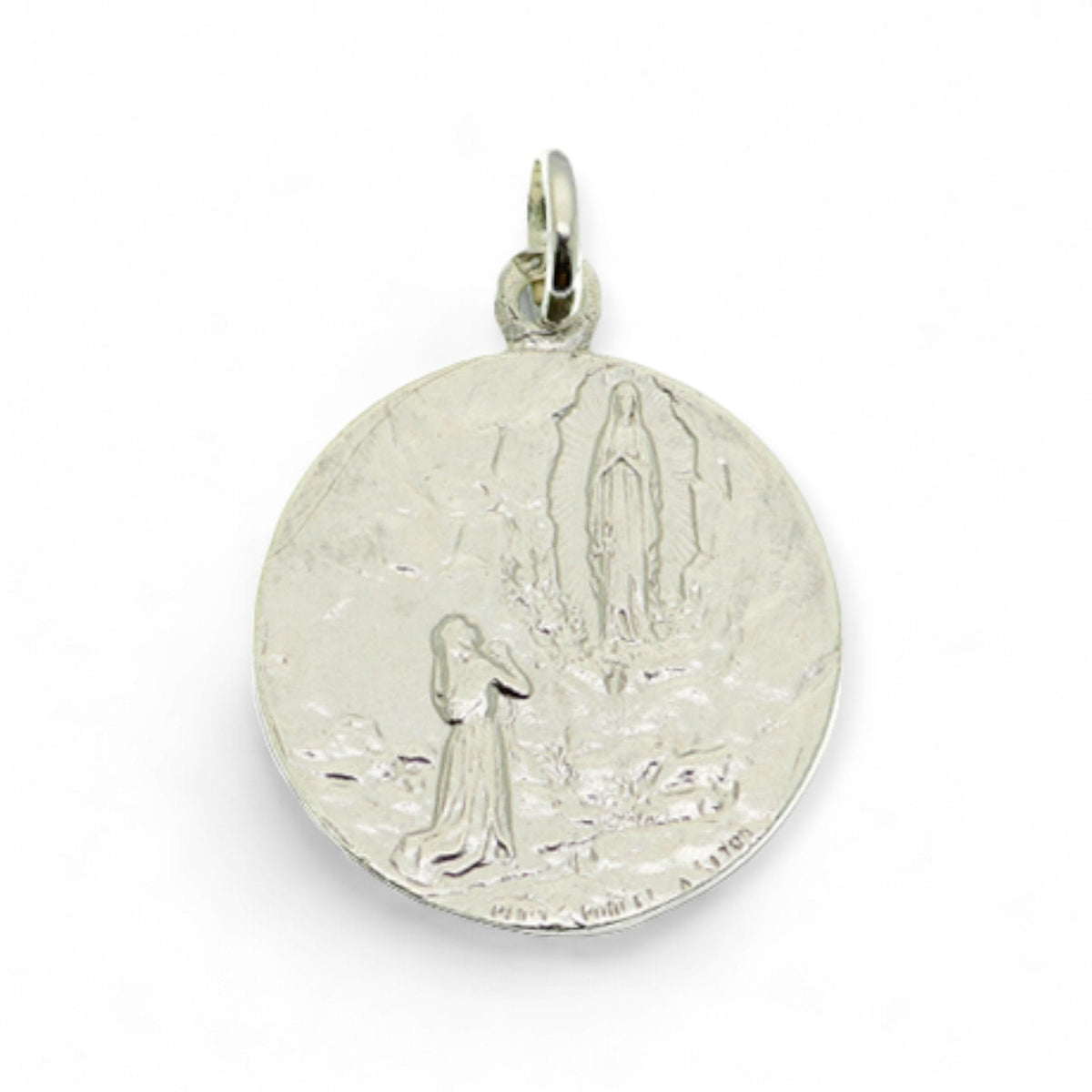 Medalla de la Virgen de Lourdes y María Inmaculada en plata - 20mm detalle