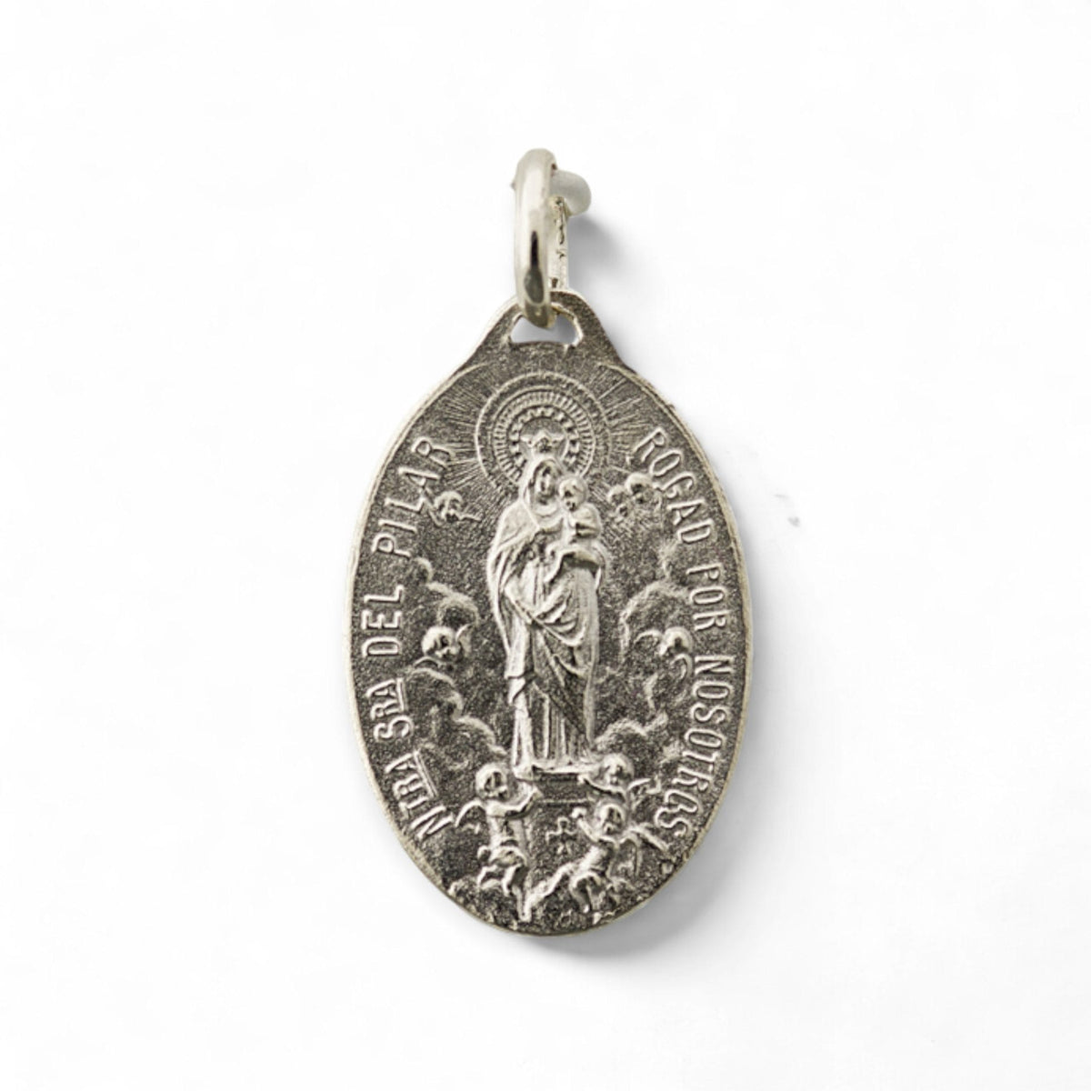 Medalla de San Rafael y Virgen del Pilar en plata - detalle