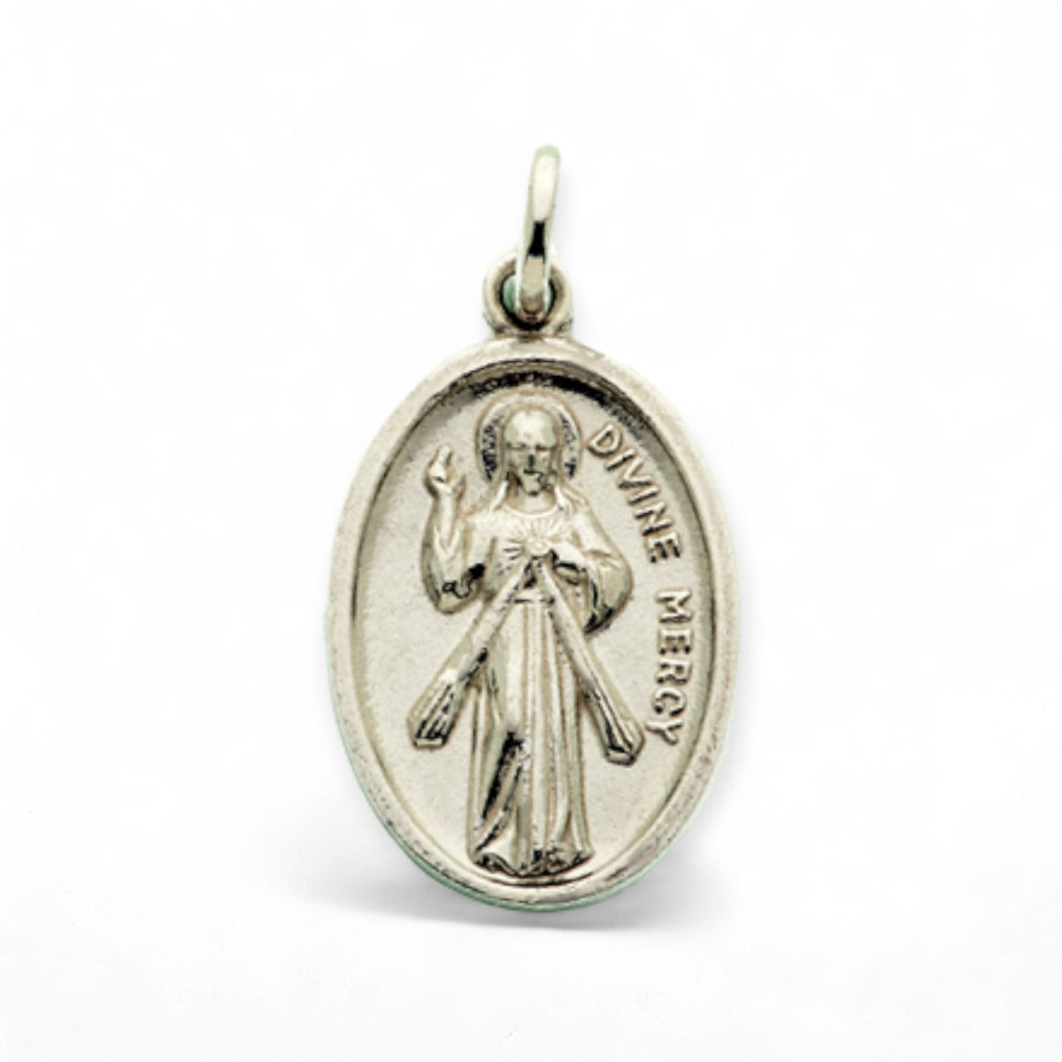 Medalla de Santa Faustina y Jesús de la Divina Misericordia en plata - detalle