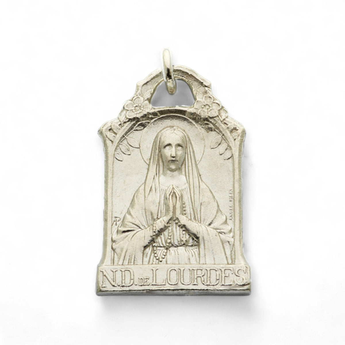 Medalla de la Virgen de Lourdes Art Nouveau en plata - 30mm