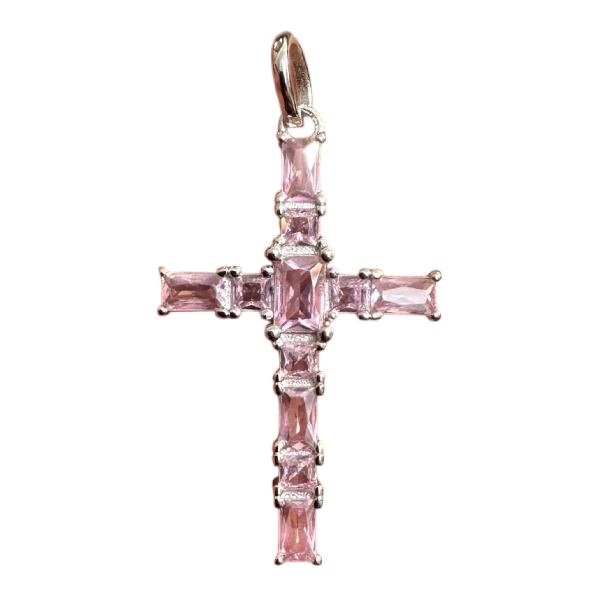 Cruz con circones rosados en plata - vista adicional