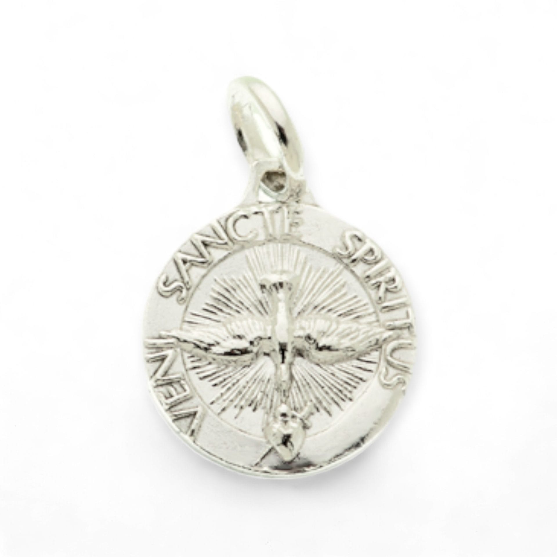 medalla espiritu santo plata con borde en latín 13mm